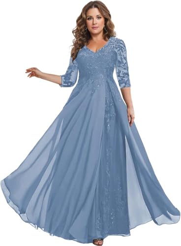 Mother of The Bride Dresses for Wedding Formal Evening Gowns 3/4 Sleeve V Neck Long Chiffon Wedding Guest Dress