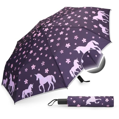 MorLuks Regenschirm Kinder reflektierend, Taschenschirm mit Reflektorband, Regenschirm kinder für schulranzen, für Mädchen & Jungen(Pferde) MorLuks Regenschirm Kinder reflektierend, Taschenschirm mit Reflektorband, Regenschirm kinder für schulranzen, für Mädchen & Jungen(Pferde)