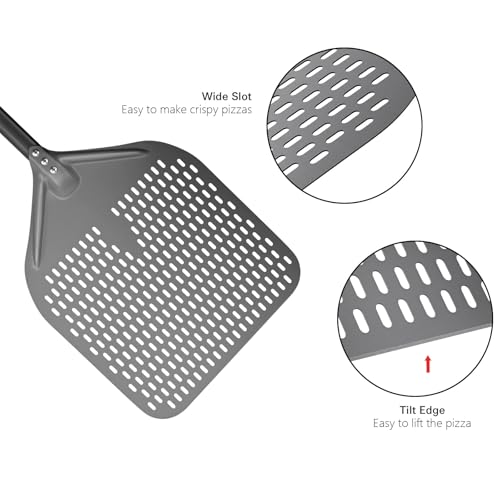Image of G.a HOMEFAVOR 14 inch x 17 inch Perforated Pizza Peel 35 Inch overall, Rectangular Aluminum Pizza Turning Peel with Extended Silcone Handle For Baking Pizza Brick Oven