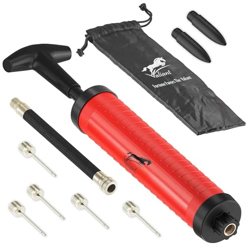 Valiant Sports Ball Pump Inflator with 5 Needles (Pin) and Pouch, Dual Action Hand Held Portable Air Pump with pins to Inflate Soccer Ball, Football, Volleyball, Rugby,Netball & Basketball (Red/Black)