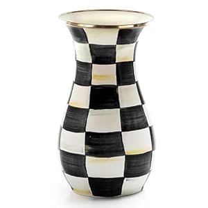 MACKENZIE-CHILDS Tall Enamel Vase, Unique Flower Vase, Decorative Table Decor for Living Room, Black-and-White Courtly Check