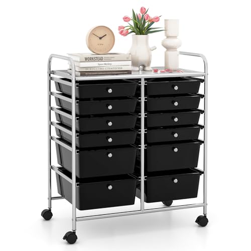 Image of LDAILY 12 Drawer Rolling Storage Cart, Craft Cart Organizer on Wheels w /Metal Frame, Large Capacity & Smooth Drawer, Rolling Cart w /Drawers for Classroom, Office