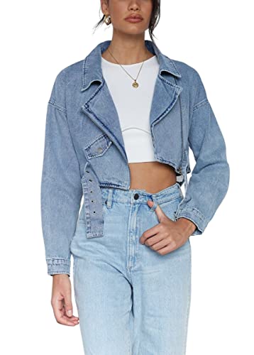 chouyatou Women's Boyfriend Jean Shakcet Jacket Zipper Belted Moto Denim Blazer Jacket