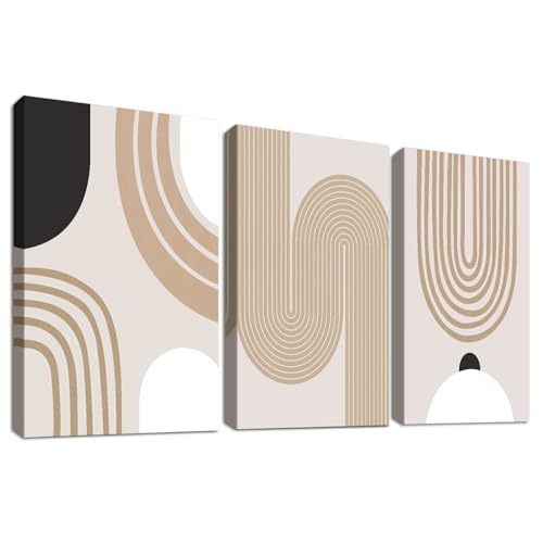 3Pcs Cadre en Bois Impression sur Toile Boho Minimaliste Abstrait Tableau Image sur Toile Beige Caramel Géométrique Peinture Tableau Decoration Murale Salon Chambre...