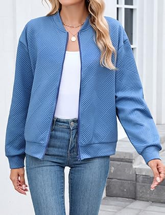 WROLEM Womens Casual Zip up Jackets Comfy Long Sleeve Textured Bomber Jacket Coat Loose Fit Fashion Outfits - Image 2