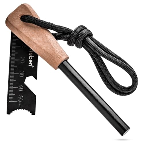 Überleben | Zünden Original Ferro Rod Fire Starter Survival Tool – Up to 15,000 Strikes, 3/8″ Fire Steel with Wood Handle, Multi-Tool Striker & Lanyard – Waterproof Camping Essentials
