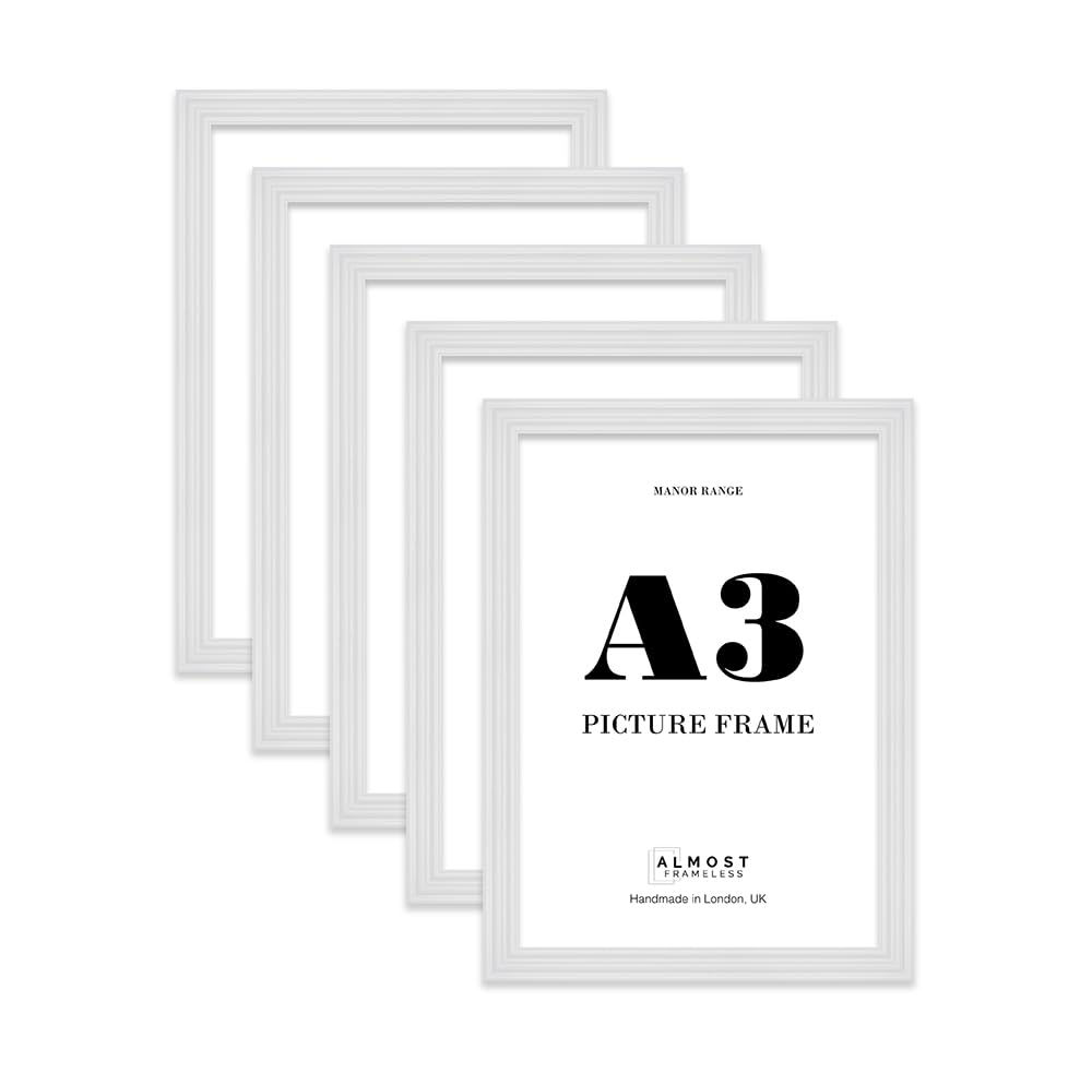 A3 Picture Frame, Display A3 Pictures (29.7 x 41.9cm) - Ice White Distinctive 42mm Edge Frame for Home Décor - 5 Pack