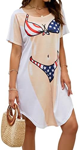 Jubileens Women's Short Sleeve Cute Bikini Print Baggy T Shirt Dress Fun Wear (US Flag, Small)