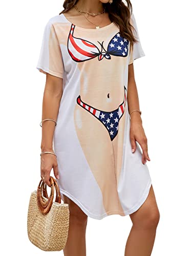 Jubileens Women's Short Sleeve Cute Bikini Print Baggy T Shirt Dress Fun Wear (Us Flag, Small) #TOP2