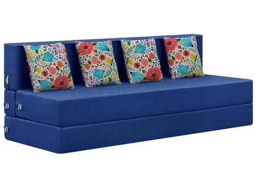 Rosebell Foldable 4 Seater Sofa Cums Bed, Sofa Bed 6 X 6 Feet, Jute Fabric- Washable Cover- Including 4 Cushion Perfect for Home & Office - Blue Color