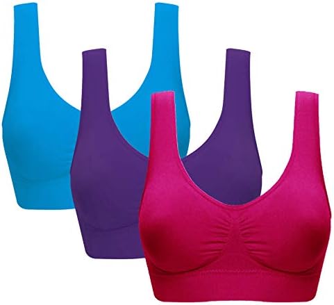 Vermilion Bird Women's 3 Pack Seamless Comfortable Sports Bra with Removable Pads M/Shirt Size 6,8 Red &Blue &Purple