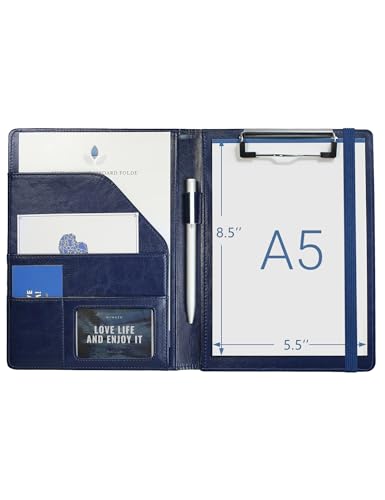 Small Padfolio Clipboard A5 Folder for Writing Pad Refillable 5 x 8 Note pad, Mymazn Faux Leather Clipboard Folder Junior Size Portfolio 5x8 Folio Clip Board (Blue)