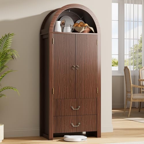 FURSUN 71" Tall Fluted Arched Cabinet with Doors, Wood Pantry Storage Cabinet with 2 Large Drawers, Modern Versatile Bookcase for Living Room, Kitchen, Dining (Dark Walnut)