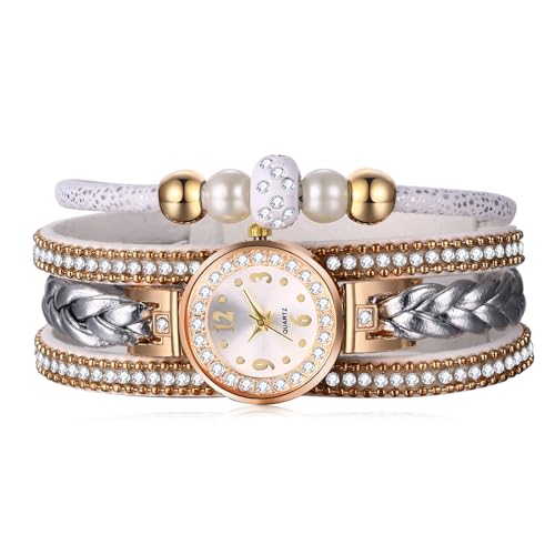 Montre décontractée pour Noël en cuir tressé blanc style bohème chic