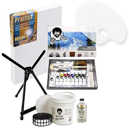 Bob Ross Master Paint Set Artist Bundle 6 Items with Travel Easel, Pre Stretched Painting Canvas, 8oz Natural Brush Cleaner, Clear Acrylic Palette, and Cleaning Bucket & Screen