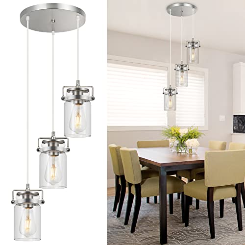 Modern 3 Light Glass Pendant Light, Brushed Nickel Pendant Lighting Fixture With Clear Glass Shade, Adjustable Cord Farmhouse Ceiling Hanging Light For Kitchen Island Dining Room Bedroom Living Room #TOP4