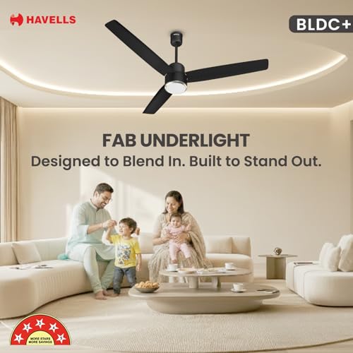 Image of Havells FAB BLDC Underlight 1200 mm Ceiling Fan| 5 Star| Upto 65% Saving| Air Delivery: 235 cmm|Low Wattage: 30W| Low Noise|4 Speed Mode| 380 RPM| 2 Years Manufacturer Warranty (Matt Black)