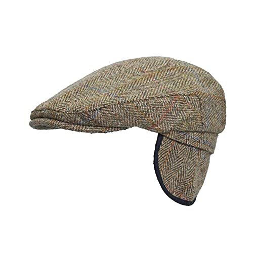 Walker and Hawkes - Edward - Unisexe Harris Tweed Casquette Plate - Cache-Oreilles rabattables - Vert Mousse - XL (60cm)