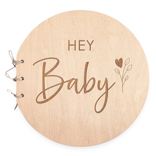Zimoer Libro de Visitas Baby Shower con Tapa de Madera, Libro de Invitados para Baby Shower, Libro de Visitas de Consejos para Bebés Regalo del, álbum de Fotos Hey Baby Shower para Futuras Padres