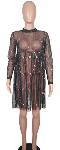 Womens Sexy Long Sleeve O Neck Mesh Embroidered See-Through Party Clubwear Dress Black #TOP3