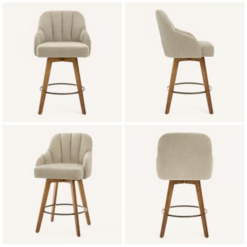 Butaco de altura de barra giratorio individual de 27 pulgadas, color arena | Butacos escultóricos envolventes para isla de cocina, estilo medio siglo, madera de caucho maciza, asiento amplio de lino, capacidad de 350 libras miniatura 4