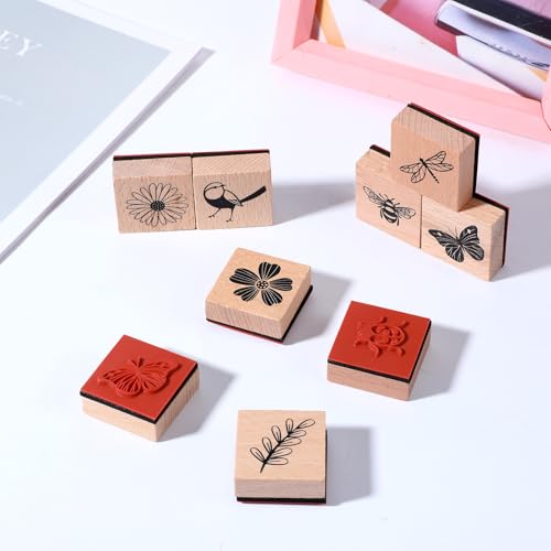 9 Stück Vintage Holzstempel Schmetterling Blumen Motive Holzstempel Set Natürliche Blumen Stempel Holz Naturpflanzen Mustern Vintage Motivstempel,Stempelset für DIY Handwerk Basteln Scrapbooking