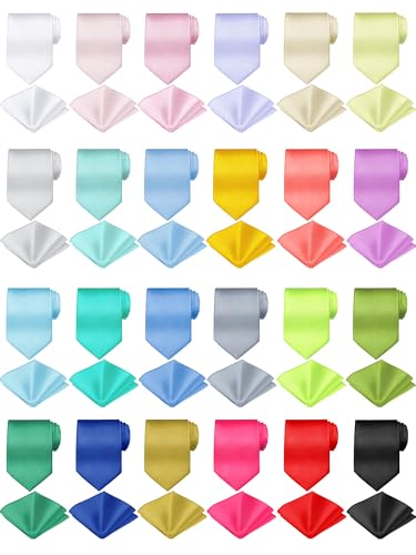 Zhanmai 48 Pcs Men Solid Color Ties and Pocket Square Set Satin Necktie Business Handkerchief for Wedding Party(Vibrant Multicolor)