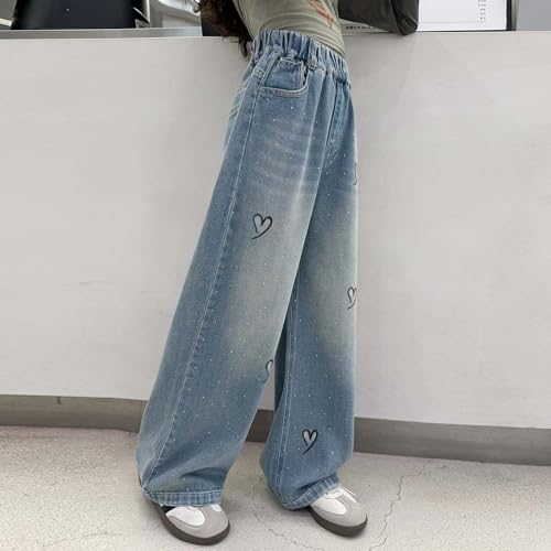 Jean fille strass cœur à coupe ample haute et taille ajustable confortable