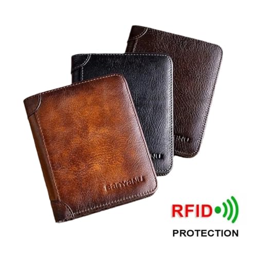 Cartera de cuero tarjetero corto monedero hombres protección RFID retro 4