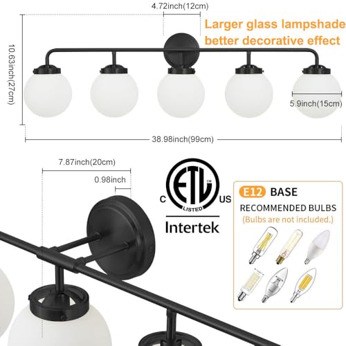 Image of Bathroom Light Fixtures 39in 5-Light Matte Black Vanity Lights for Mirror | Bathroom Lighting Fixtures over Mirror, ETL, Brushed Brass Wall Sconce, Dimmable E12 Base Max 60W, Milky Glass Ball Shades