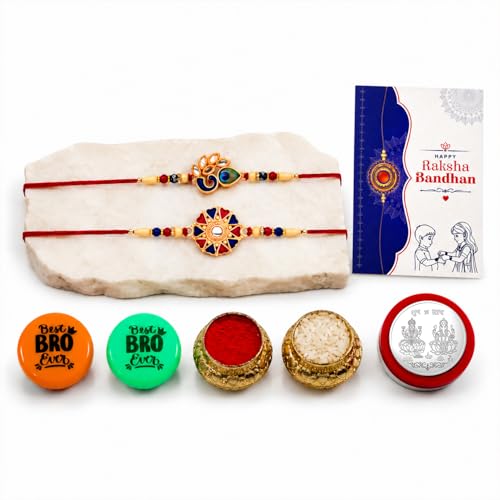 Image of Oblivion Rakhi Set for Brother (Set of 2) - Pecock & Round Design Rakhi Combo with Roli Chawal, Silver Color Coin, Multicolour Magnets & Greeting Card - Traditional Raksha Bandhan Gift Hamper for Bhai