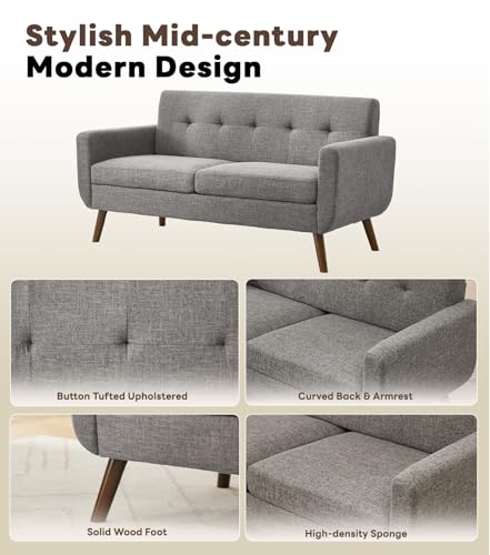 Tbfit 65" W Loveseat Sofa with Ottoman Coffee Table, Mid Century Modern Love Seat Couches for Living Room, Button Tufted Upholstered Small Couch for Bedroom,Easy to Install Love Seats Furniture, Gray