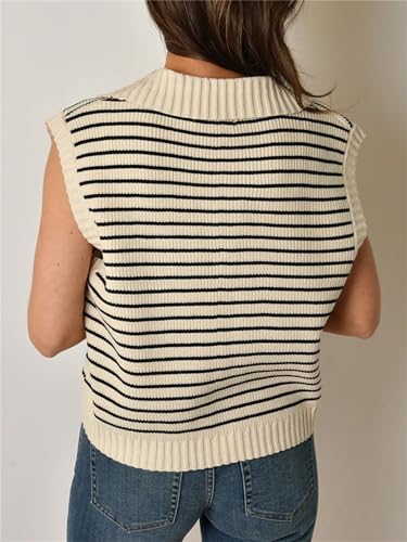 Image of Women's Casual Sleeveless Striped Pullover Sweaters V Neck Lapel Sweater Vests 2025 Fall Clothes