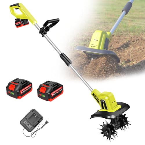 Rotavator Eléctrico de Jardín, Cultivador de Suelo Inalámbrico Portátil con Poste Ajustable de 97~127 cm, 2 Baterías Recargables y Cargador, Ancho de Trabajo 25 cm, para Jardines, Campos de Vegetales