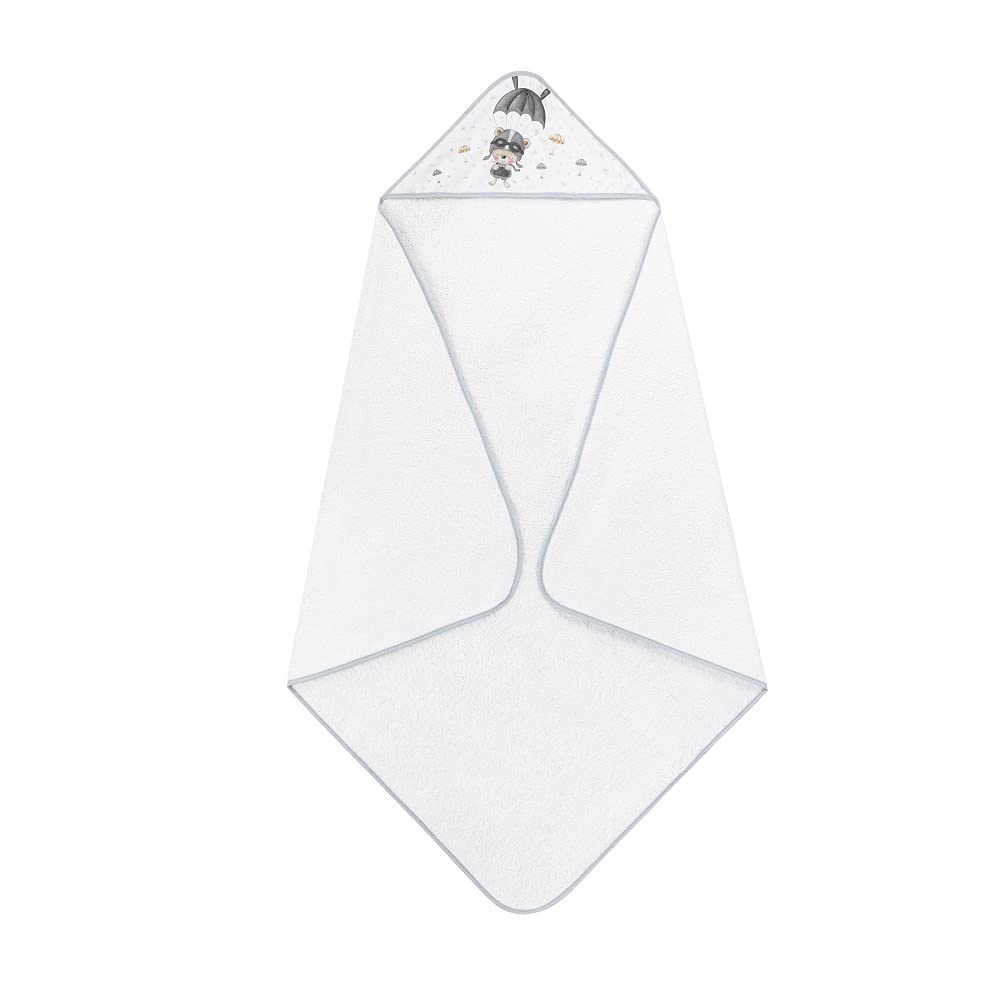 Interbaby - Capa de Baño Bebe Blanco/Gris | Toalla Bebe con Capucha 100% Algodón, 100x100cm, Unisex | Suave, Cómoda, Secado Rápido | Ideal Recién Nacidos, Bebes y Niños Pequeños | Diseño Paracaidista