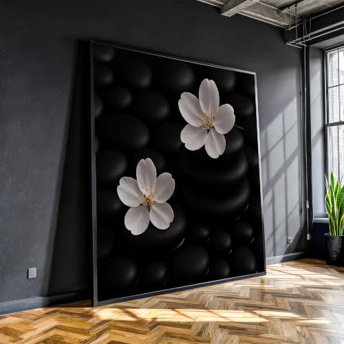 Tableau sur toile minimaliste haute définition galets zen et fleurs blanches 60x60cm