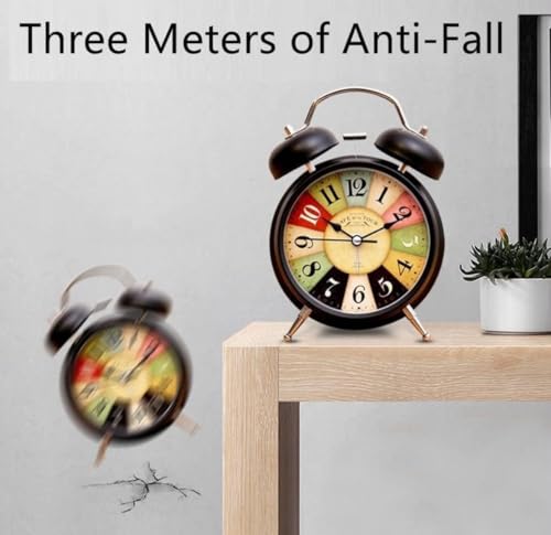 Image of Vintage Twin Bell Alarm Clock, Classic Retro Metal Table Clock, Roman Numeral Analog, Battery Operated, Antique Style, for Bedroom, Bedside, Office, Two Colour Bronze & Copper (Black)