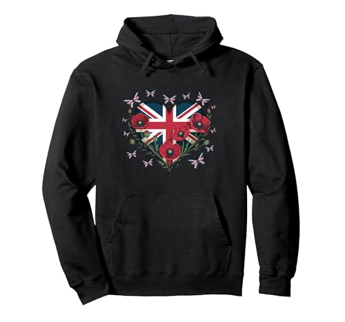 Union Jack Butterflies UK Flag Flowers Women Girl Union Jack Pullover Hoodie, Adult Unisex, Black, Large