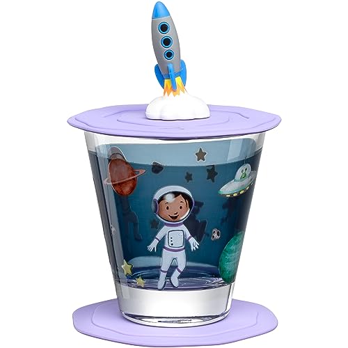 HOME Bambini Avventura 023674 - Bicchiere per bambini con coperchio e sottobicchiere motivo in vetro di alta qualità misura S contenuto 215 ml set da 3 pezzi con Weltall
