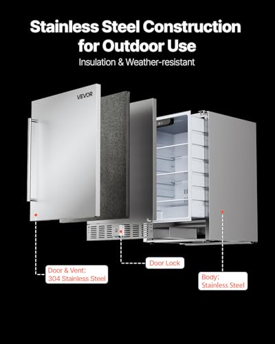 Image of VEVOR 24-Inch Indoor /Outdoor Beverage Refrigerator, 150 QT Freestanding or Undercounter Beverage Fridge, 180 Cans Built-in Beer Fridge with Stainless Steel Body for Residential Home Bar Commercial Use