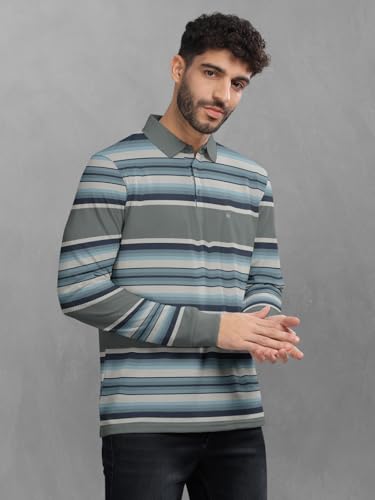 Image of BULLMER Striped Textured Printed Polo Neck Fullsleeve T-Shirt with Rib for Men