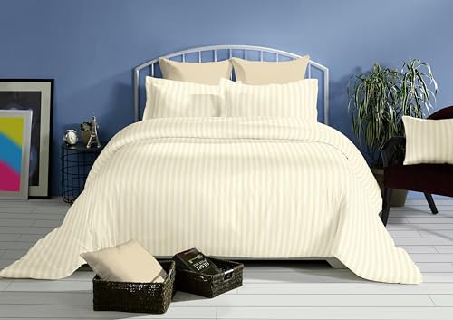 Image of 100% Cotton Bed Sheets for King Size Bed, 1 Bedsheet Super King Size Bed Cotton 112x108 Inch with 2 Pillow Covers | 300 TC Plain Bedsheets for King Size Bed Solid Stripes (Ivory)