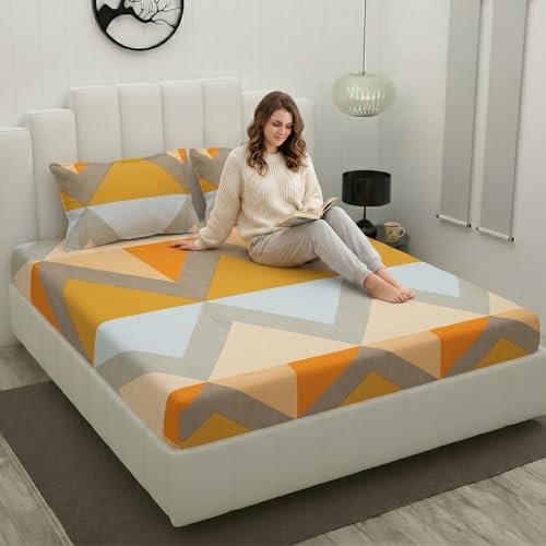 Image of Filymore Double Fitted Bedsheet with 2 Pillow Covers | Orange Grey Geometric Printed Bedsheet for Double Bed | 240 TC Soft Microfiber Size 72x72 inches