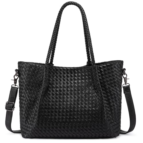 LOVEVOOK Woven Tote Bag for Women Vegan Leather Shoulder Handbag for Travel Work Crossbody Purse