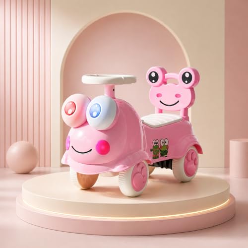 Image of Kermit Ride on Cars for Kids | Portable Kids Car with Music & Toy Storage | Indoor Baby Push Ride-ons with Lights & Safety Backrest | Outdoor Rider Cars for Kid 18+ Months (Pink)