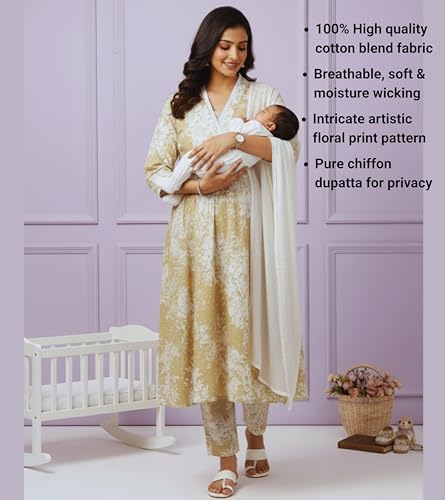 Image of DUMMY SHAPE Maternity Dresses for Women Cotton | Floral Kurta Pant Dupatta Set with Nursing Zippers, Side Pocket | Pre & Post Pregnancy | Feeding Kurti Suit | Baby Shower | Gifts for Pregnant Woman