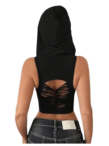 GORGLITTER Women's Hooded Crop Tank Top Sleeveless Hollow Out Workout Rave Tops