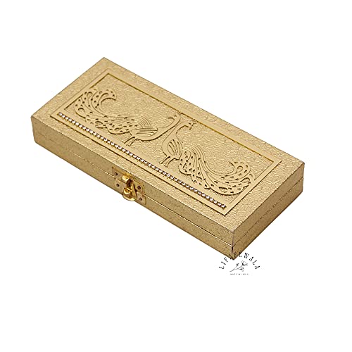 Image of Designer Rectangular Shaped Cash Box, Shagun Envelope, Gift, Gaddi, Jewellery Box in Peacock Design (Golden, Pack of 1)