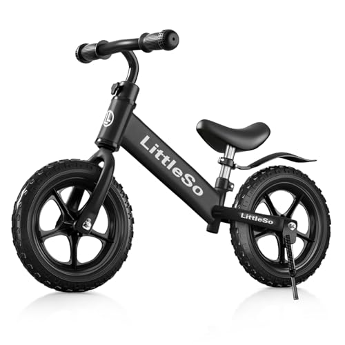 LittleSo ペダルなし自転車 3~8歳 キッズ 14インチ キックバイク スタンドあり 子供用 超軽量 持ち運びも簡単 おしゃれ 発泡タイヤ 乗り物 お祝いクリスマス 誕生日 プレゼント 子供 男の子 女の子 プレゼント 幼児 子どもの日 誕生日 (ブラック, 14インチ)の画像