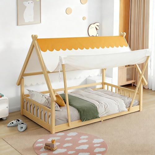 Kinderbett mit abnehmbarem Zelt & Holzhaus-Design | Einzelbett 90x200 cm mit & Lattenrost | Massivholz aus Kiefer & Sperrholz | Natur Kinderbett mit abnehmbarem Zelt & Holzhaus-Design | Einzelbett 90x200 cm mit & Lattenrost | Massivholz aus Kiefer & Sperrholz | Natur